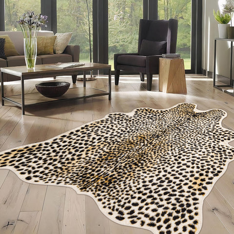 WARM HAVEN cheetah print rug close-up shows plush texture for barefoot comfort.