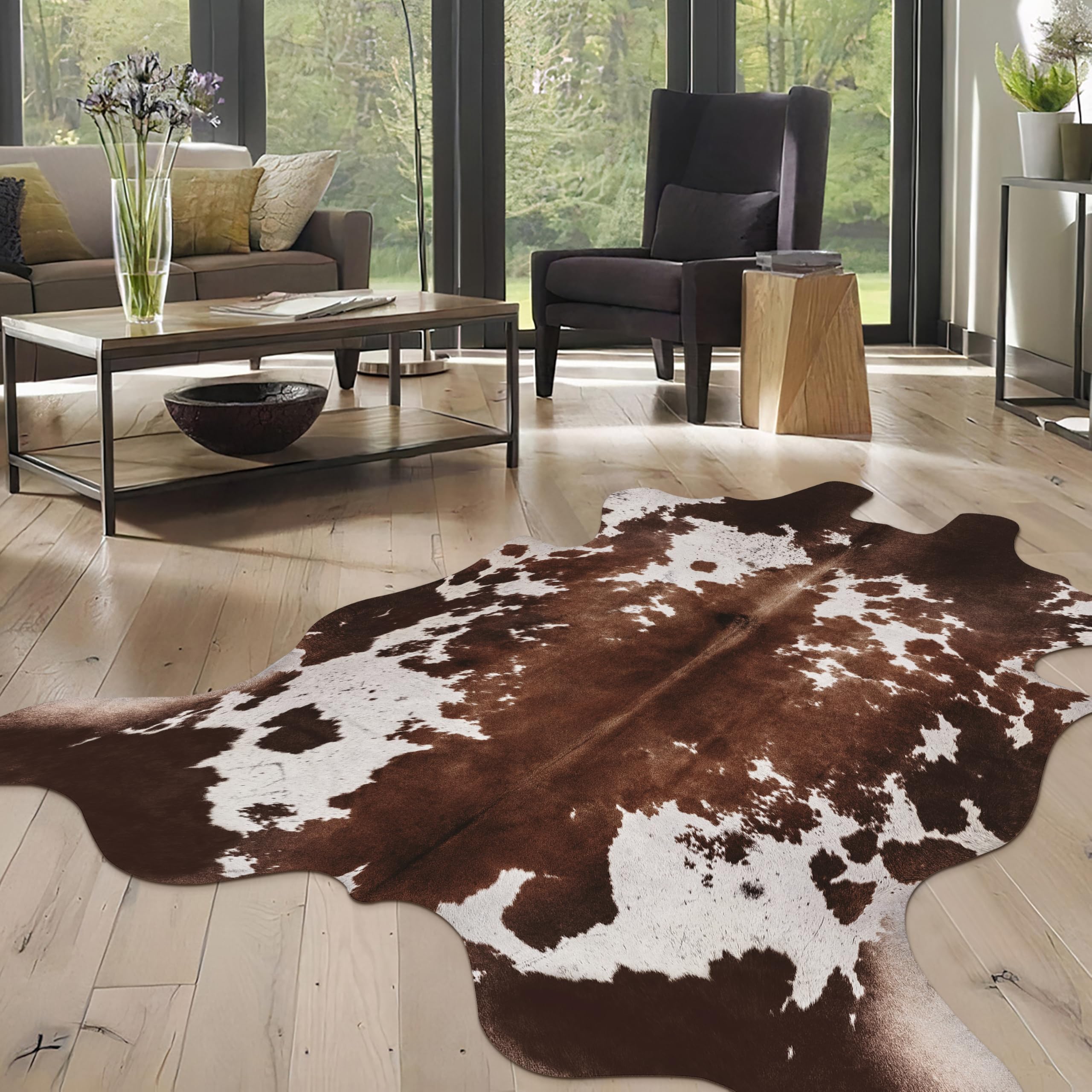 Warm Haven cowprint rug closeup texture highlights realistic faux hide fibers.