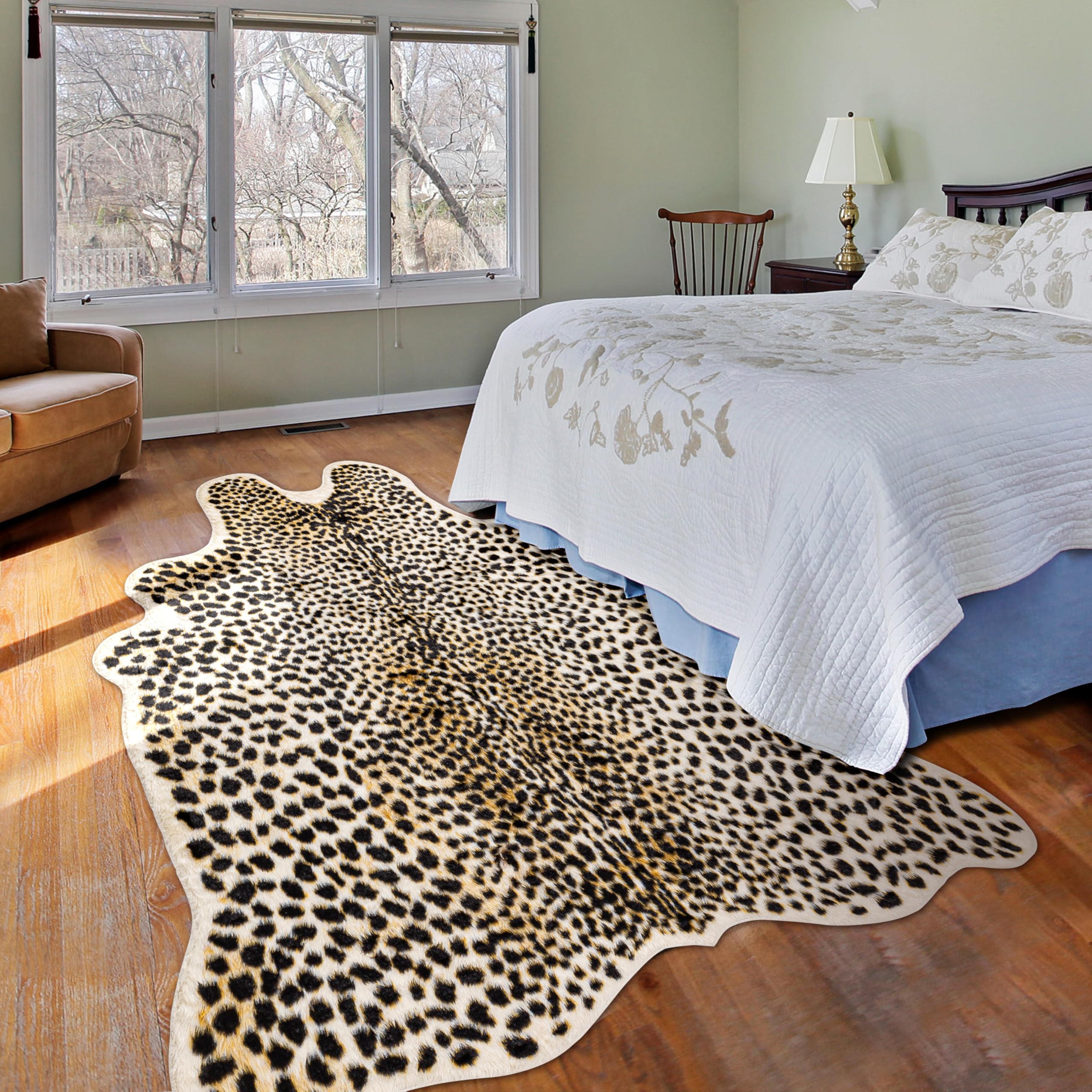 Warm Haven cheetah rug in bedroom living room adds warm rustic ambiance