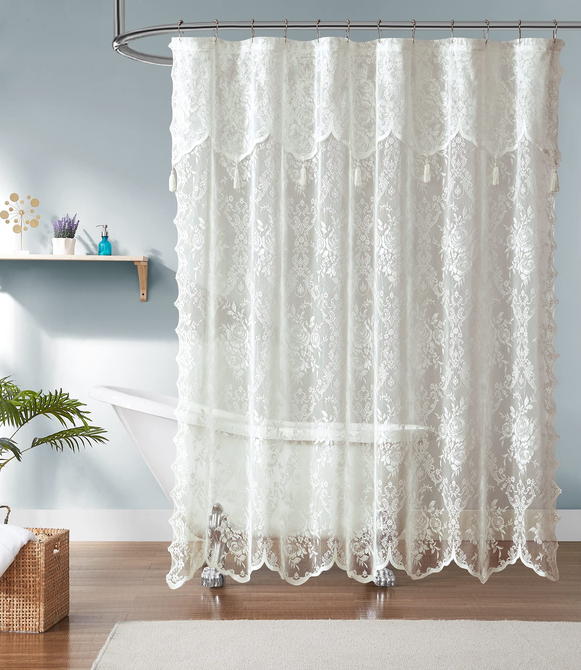 Warm Home Designs Ivory Lace Shower Curtain with attached valance enhances elegant bathroom decor.