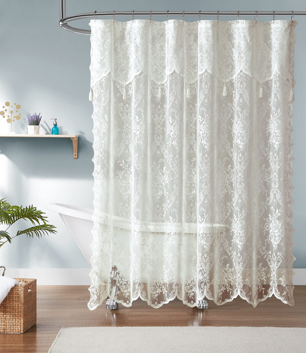 Warm Home Designs Ivory Lace Shower Curtain with attached valance enhances elegant bathroom decor.