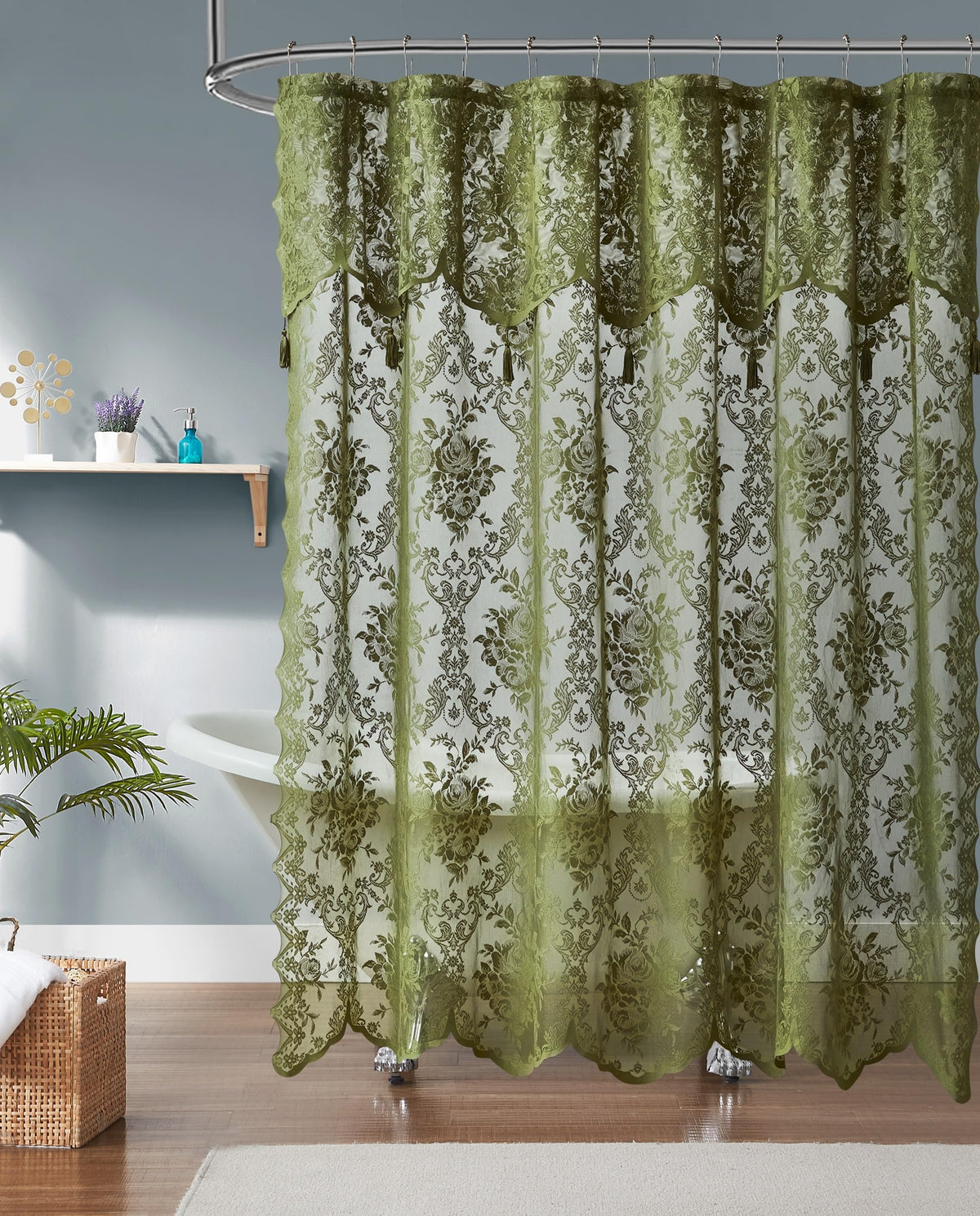 Warm Home Designs sage green lace shower curtain 72x72 with attached valance enhances bathroom decor