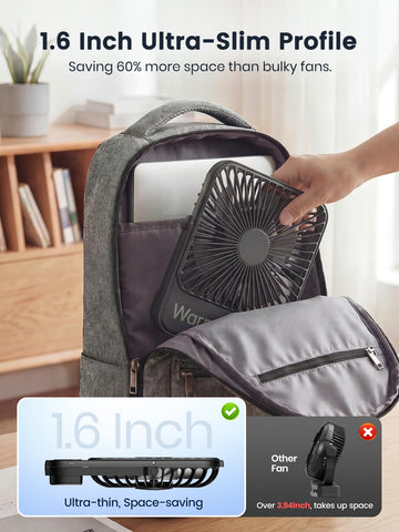 Warmco travel fan digital display shows battery and speed at a glance.