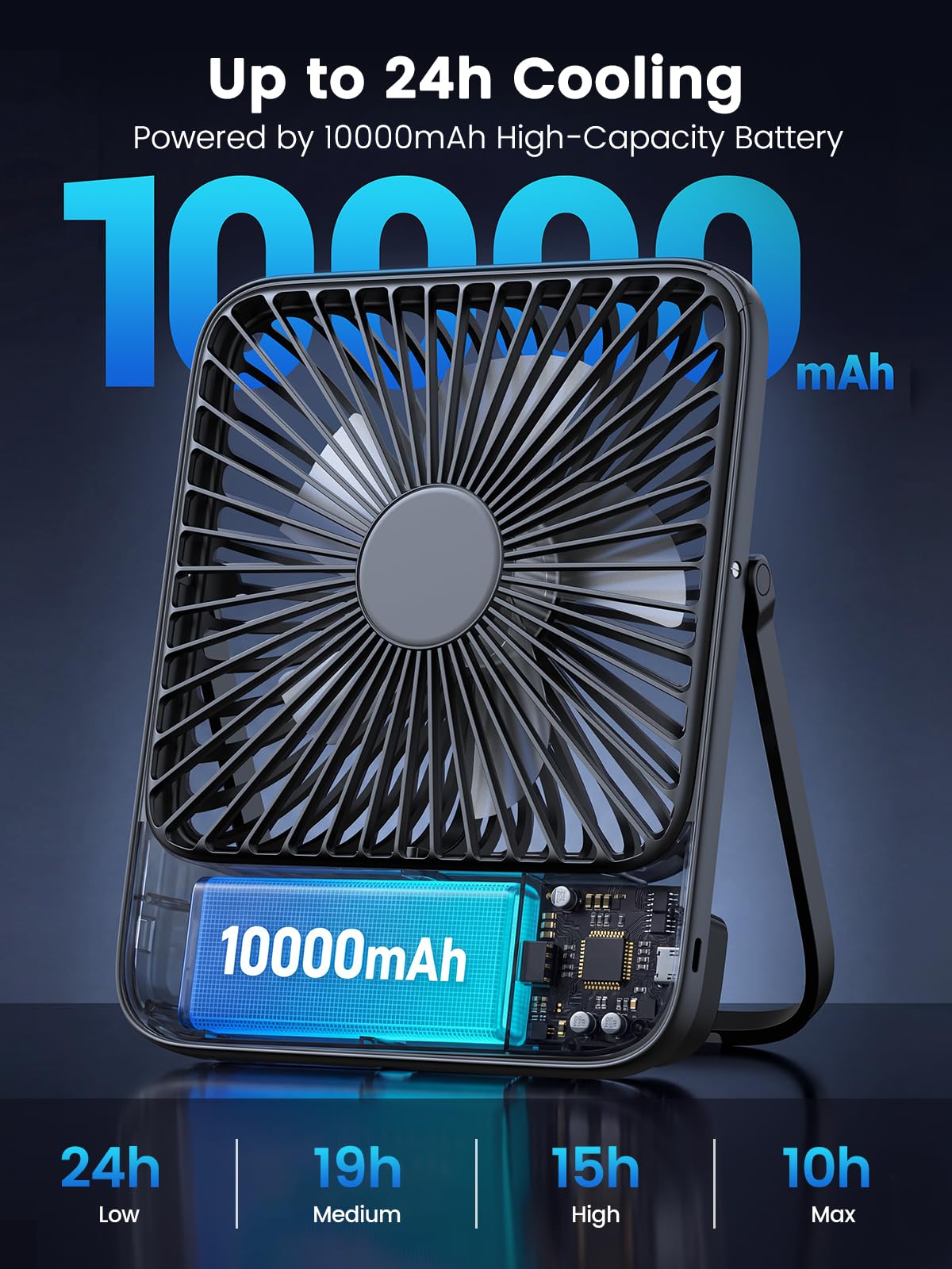 Warmco travel fan folded stand enables flexible positioning.