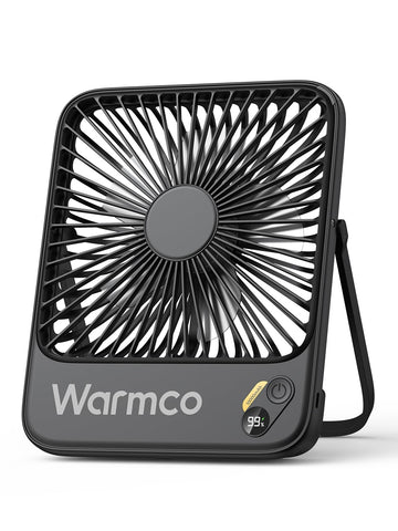 Warmco travel fan front view shows compact design for all day cooling.