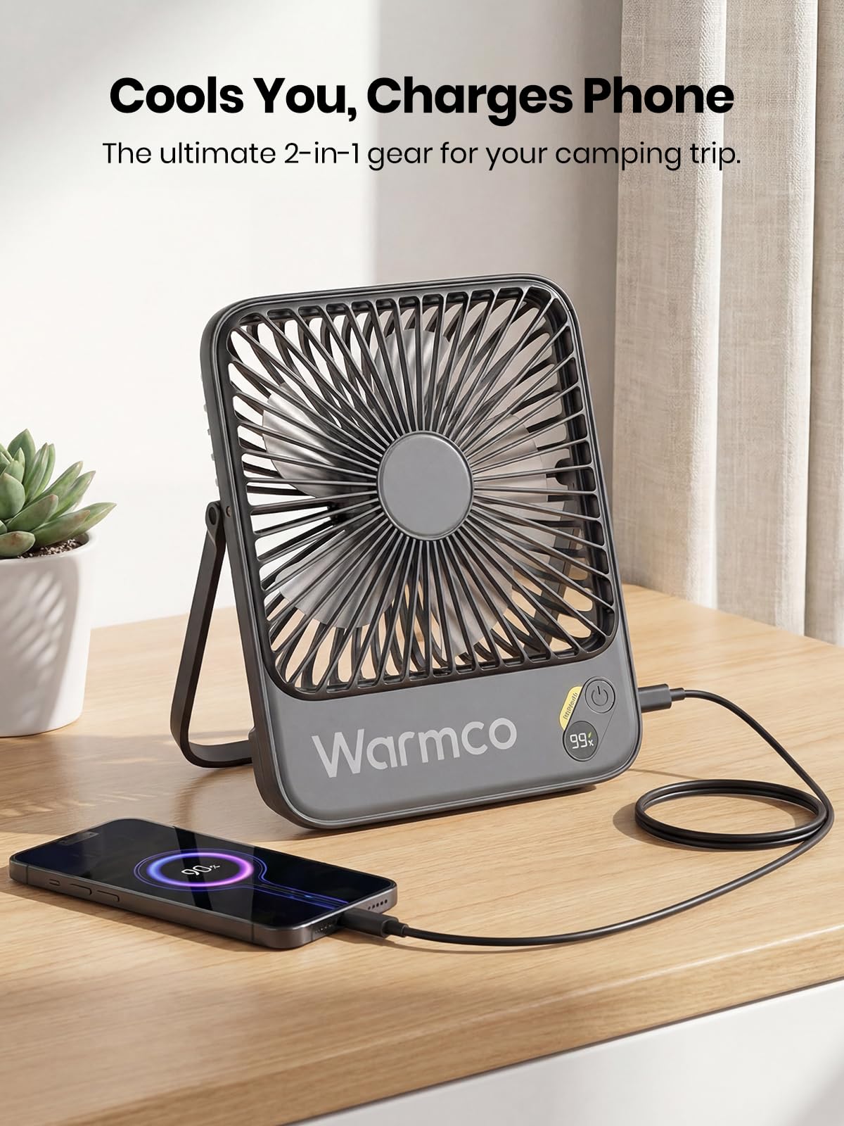 Warmco USB-C port supports charging and power bank use.