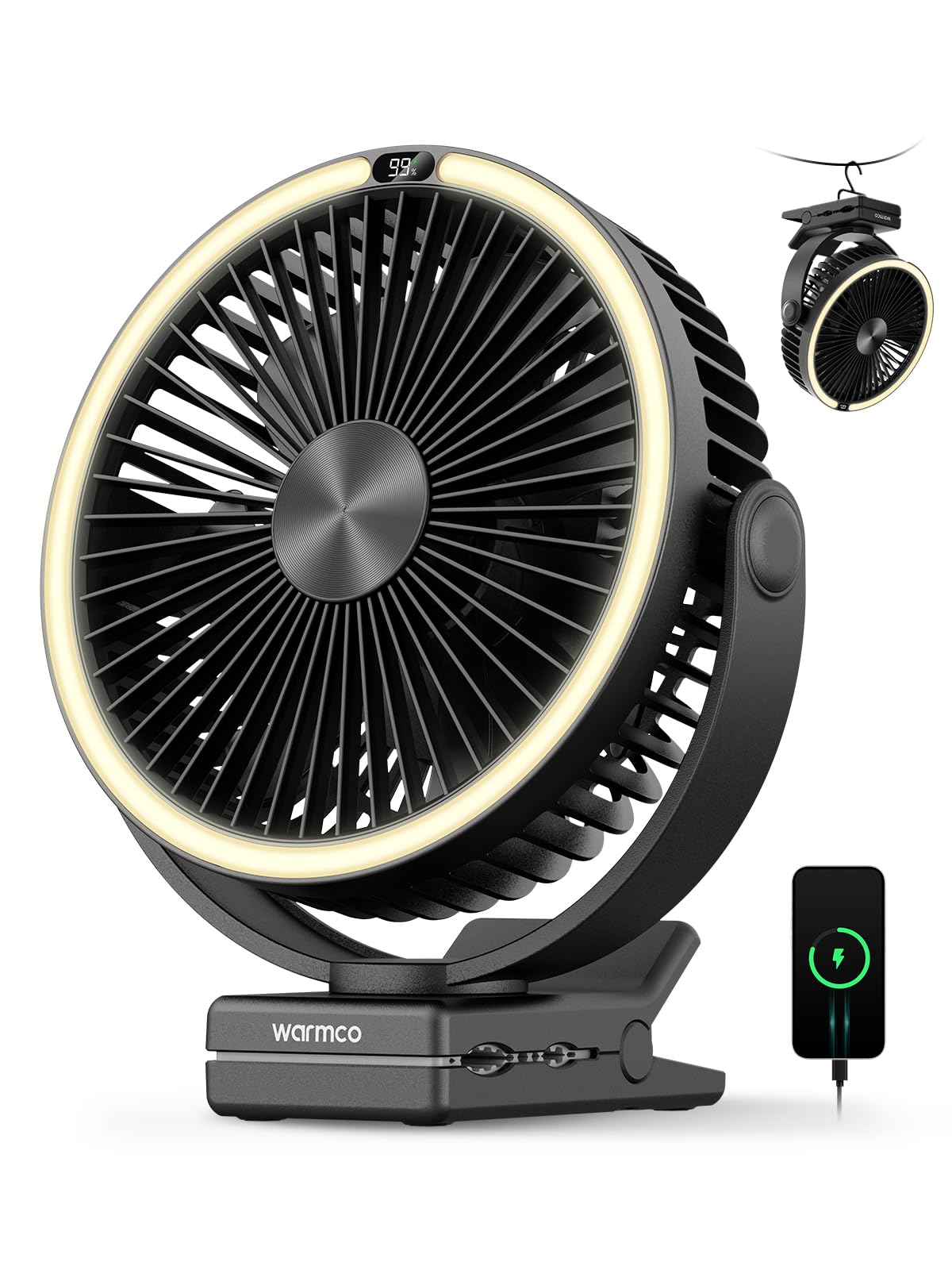 Warmco 15000mAh clip-on fan for portable cooling on camping trips