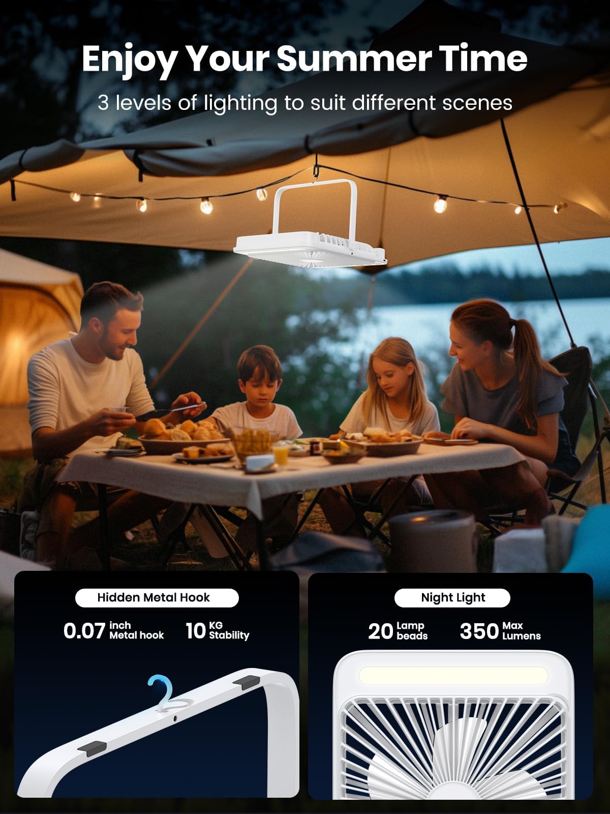 Warmco 2-in-1 camping fan lantern with LED light for tents and outdoors.