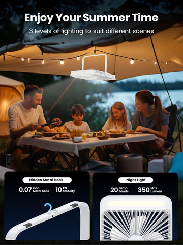 Warmco 2-in-1 camping fan lantern with LED light for tents and outdoors.