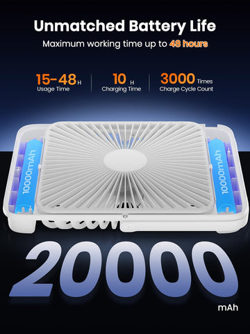 Warmco 20000mAh battery powered fan foldable stand during compact travel setup.