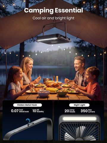 Warmco 20000mAh fan folded stand demonstrates compact storage in tents