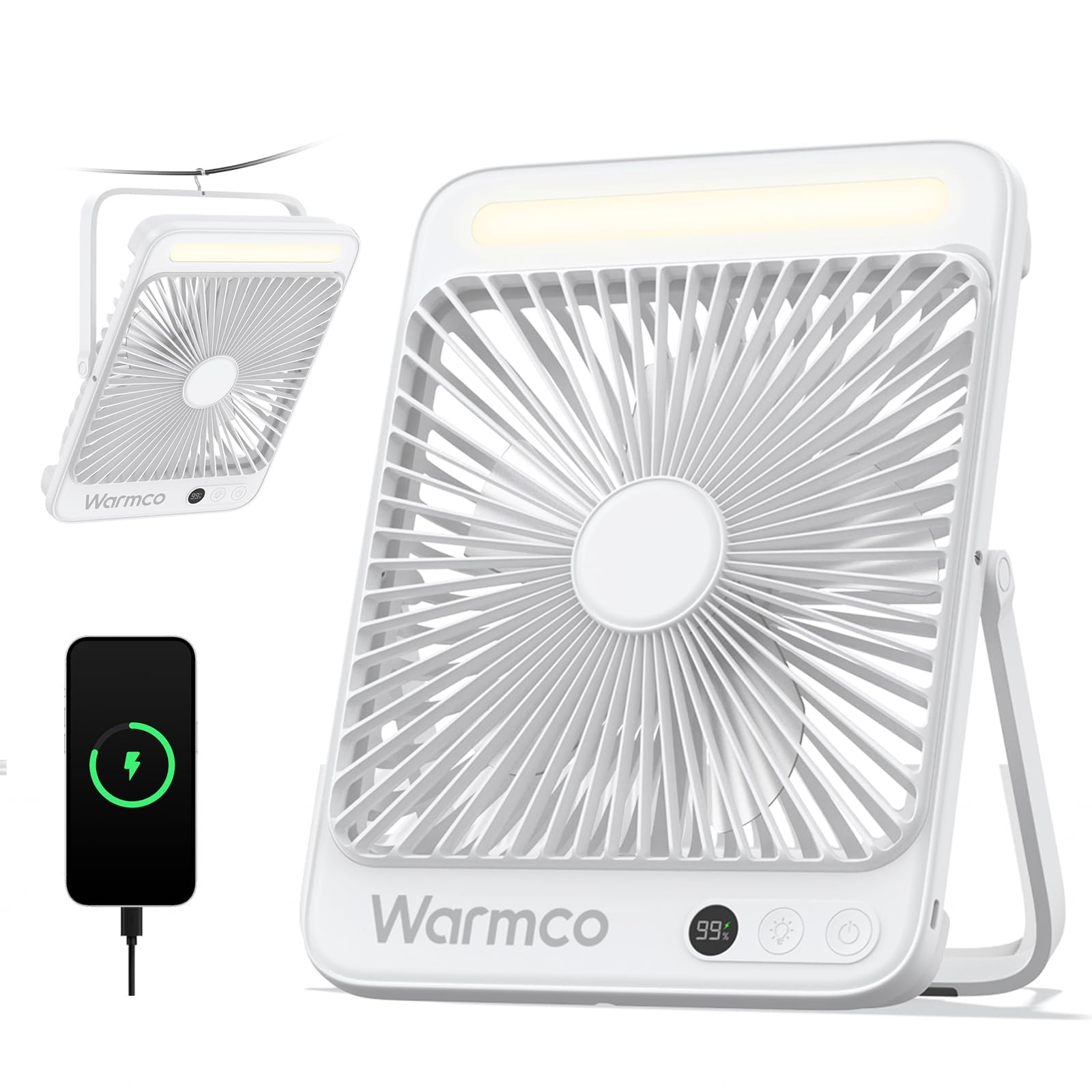 Warmco 20000mAh battery powered fan front view for all-day cooling and portability.