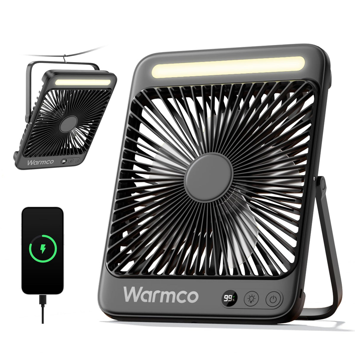 Warmco 20000mAh fan front view for portable cooling on camping trips