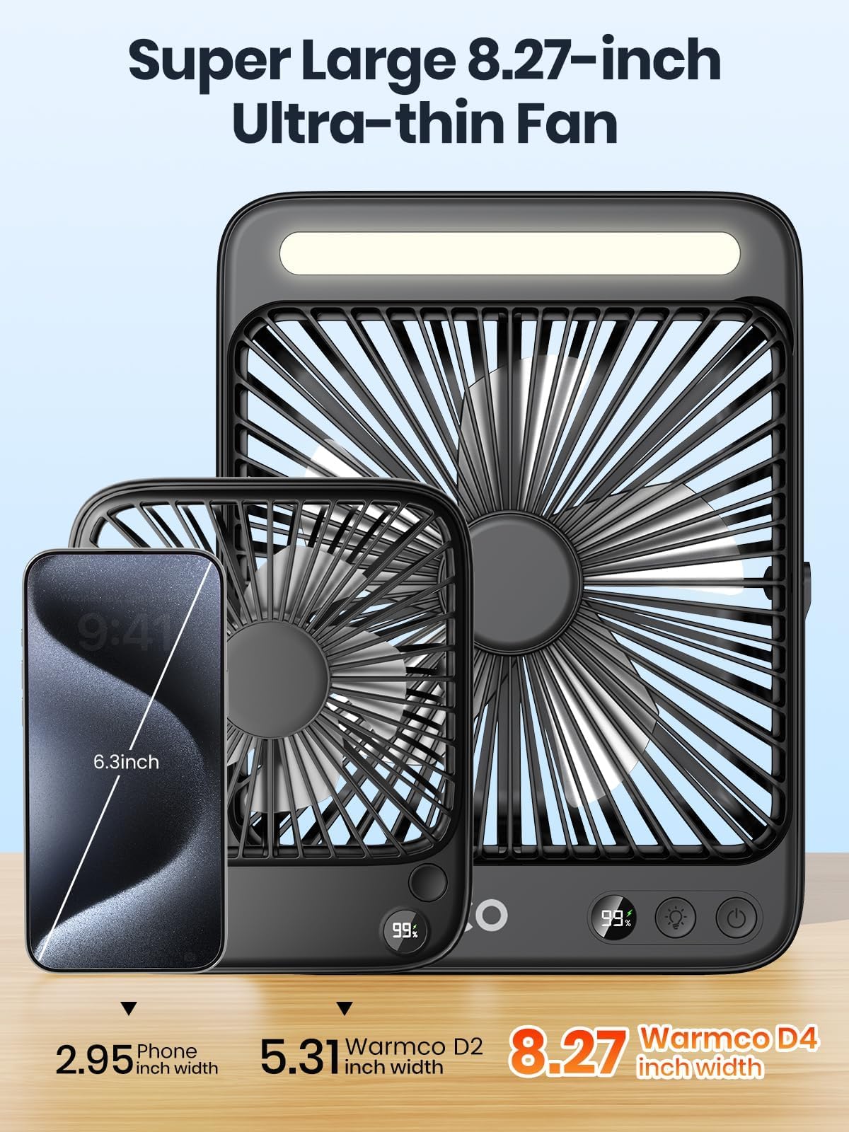 Warmco 20000mAh fan in packaging highlights travel-ready size