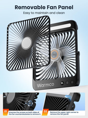 Warmco 20000mAh fan in tent at night for cool air and comfort