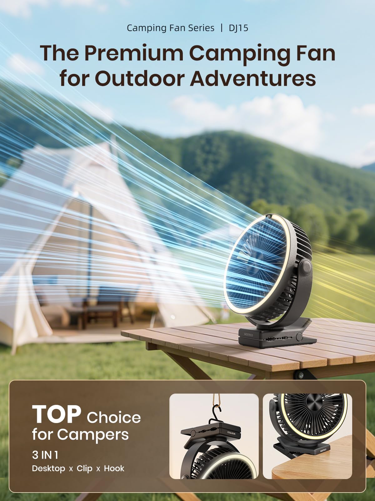 Warmco clip-on fan with LED lantern for night lighting and breeze