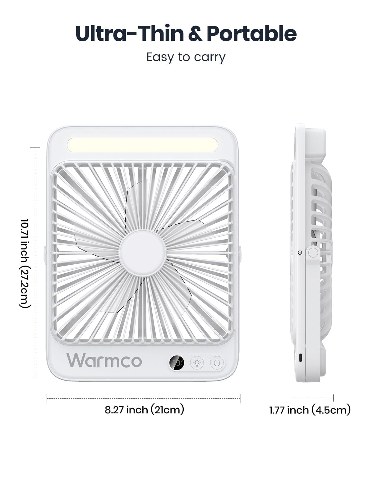 Warmco compact travel fan packaging shown for easy packing.