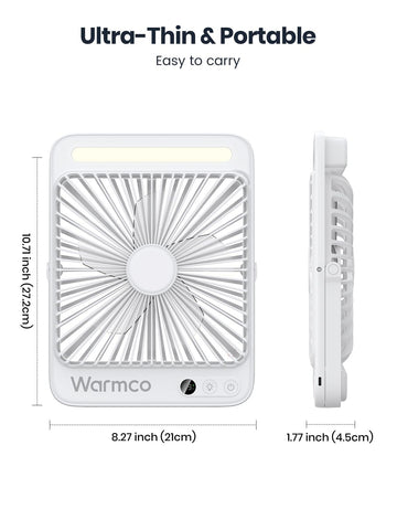 Warmco compact travel fan packaging shown for easy packing.