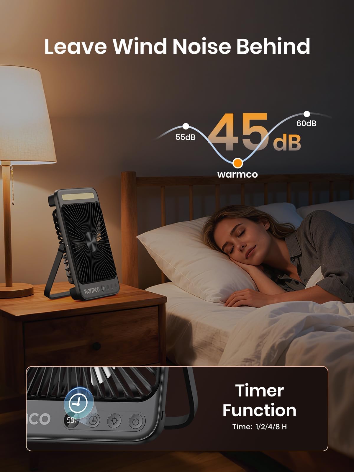 Warmco fan quiet brushless motor delivers calm airflow in bedrooms and offices.