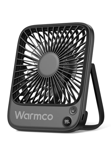 Warmco portable travel fan battery provides all day cooling for work or travel.
