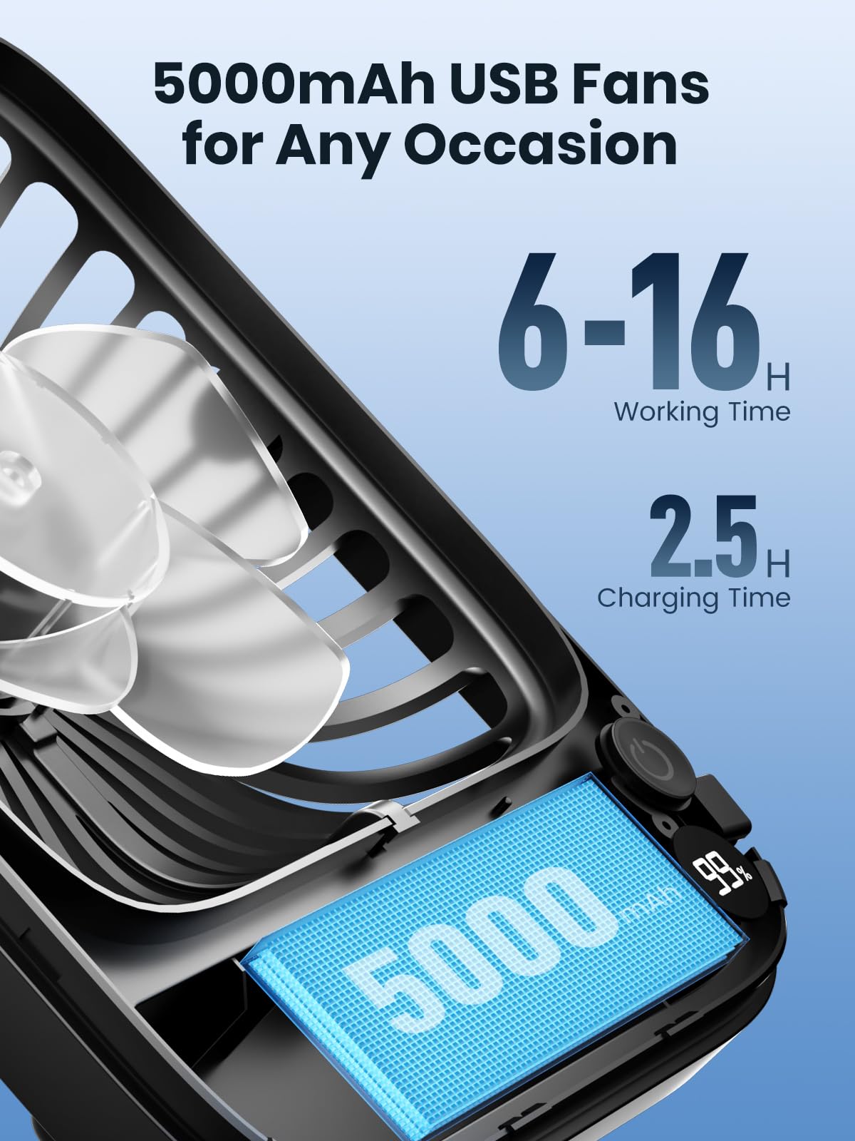 Warmco portable travel fan tilt stand and hanging design for versatile placement.