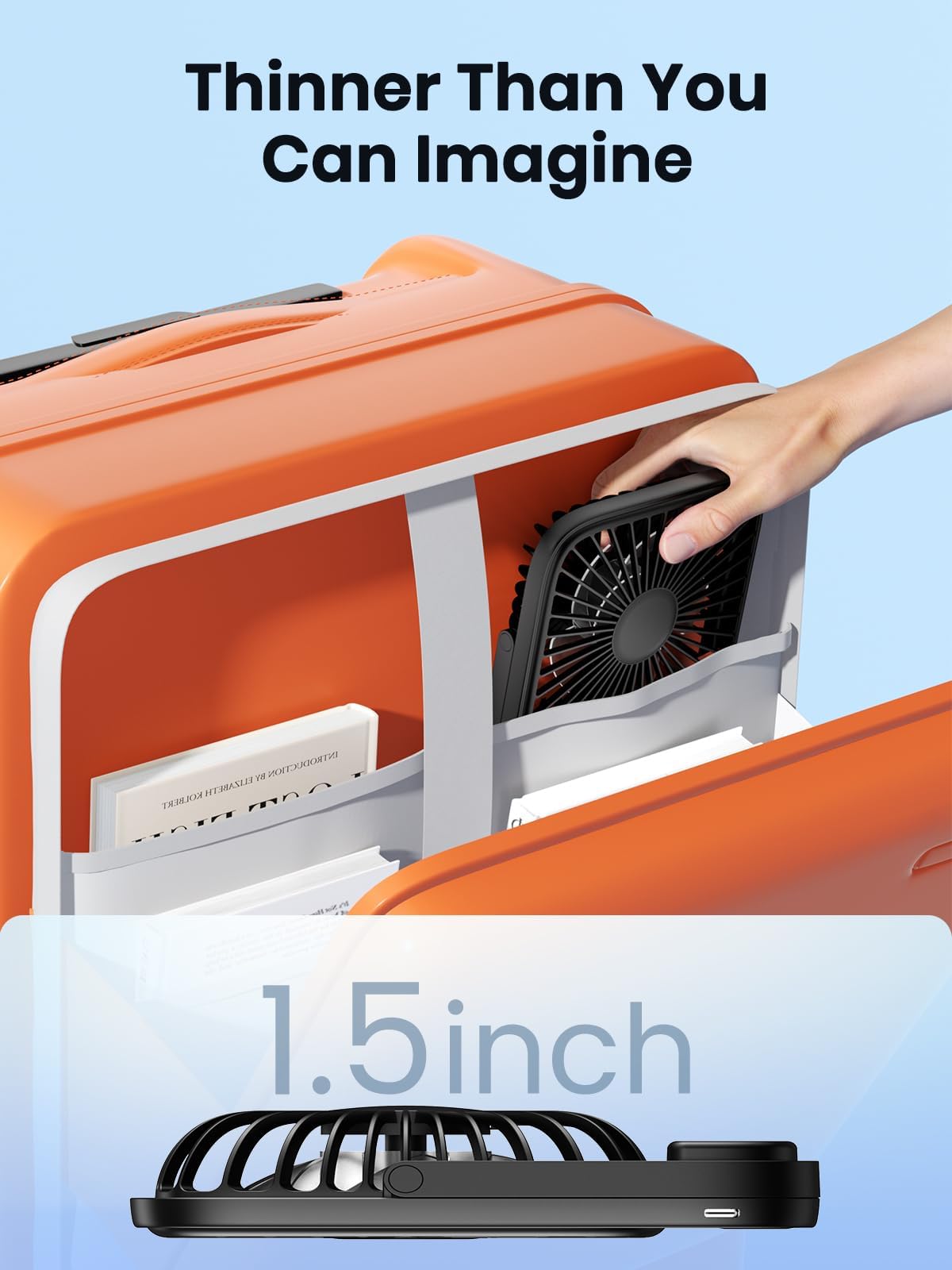 Warmco ultra slim compact fan fits easily into bags for on the go cooling.