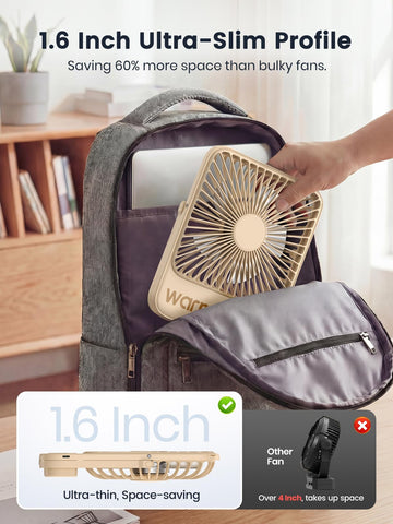 Warmco ultra-slim travel fan fits neatly in a bag.
