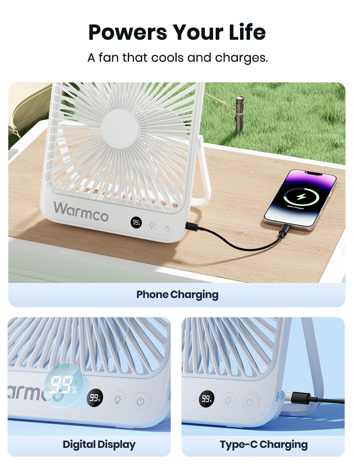 Warmco USB charging-ready fan for quick device power on-the-go.