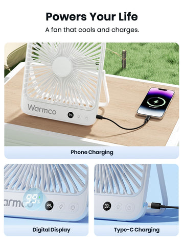 Warmco USB charging-ready fan for quick device power on-the-go.