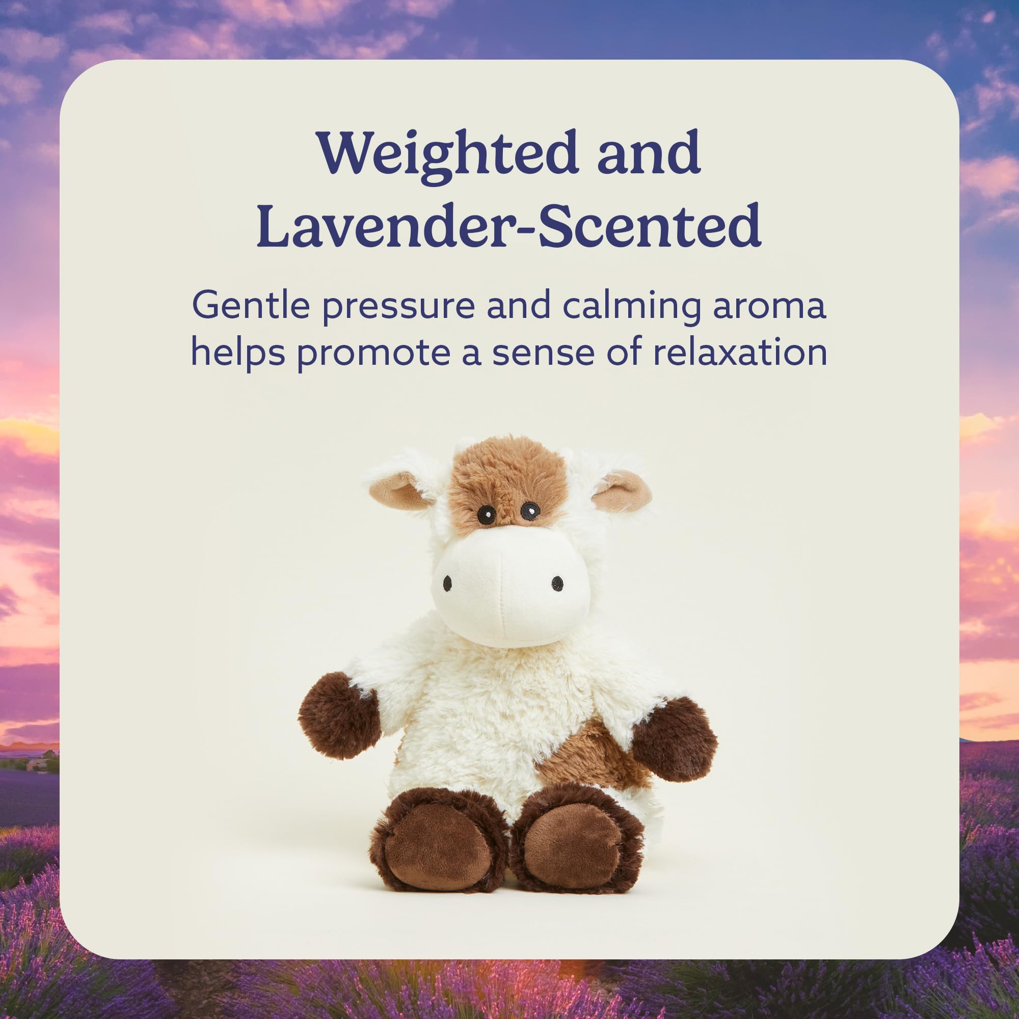 Warmies Cow lavender scent enhances relaxation during bedtime routines.