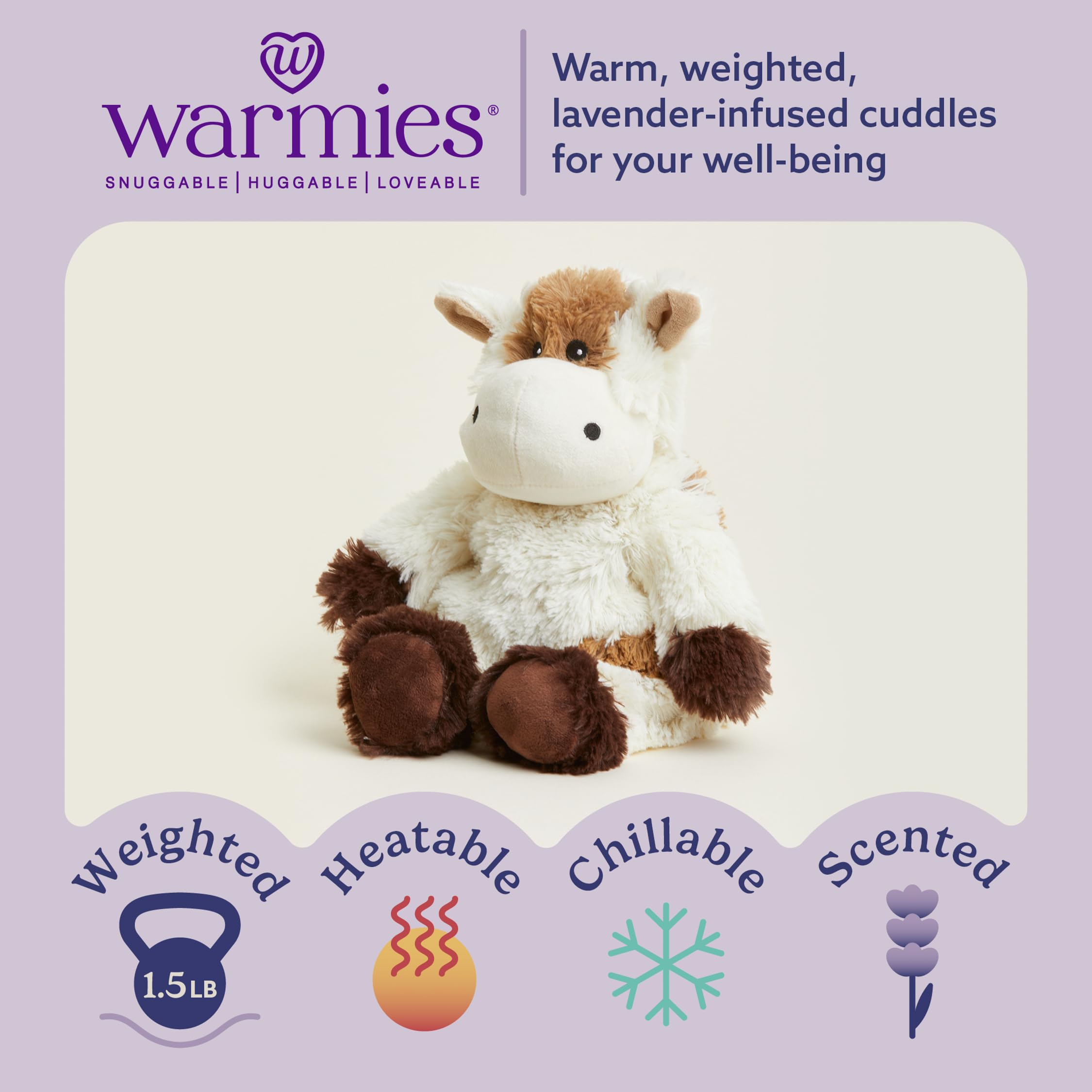 Warmies Cow weighted plush provides calming pressure for soothing evenings.
