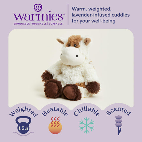 Warmies Cow weighted plush provides calming pressure for soothing evenings.