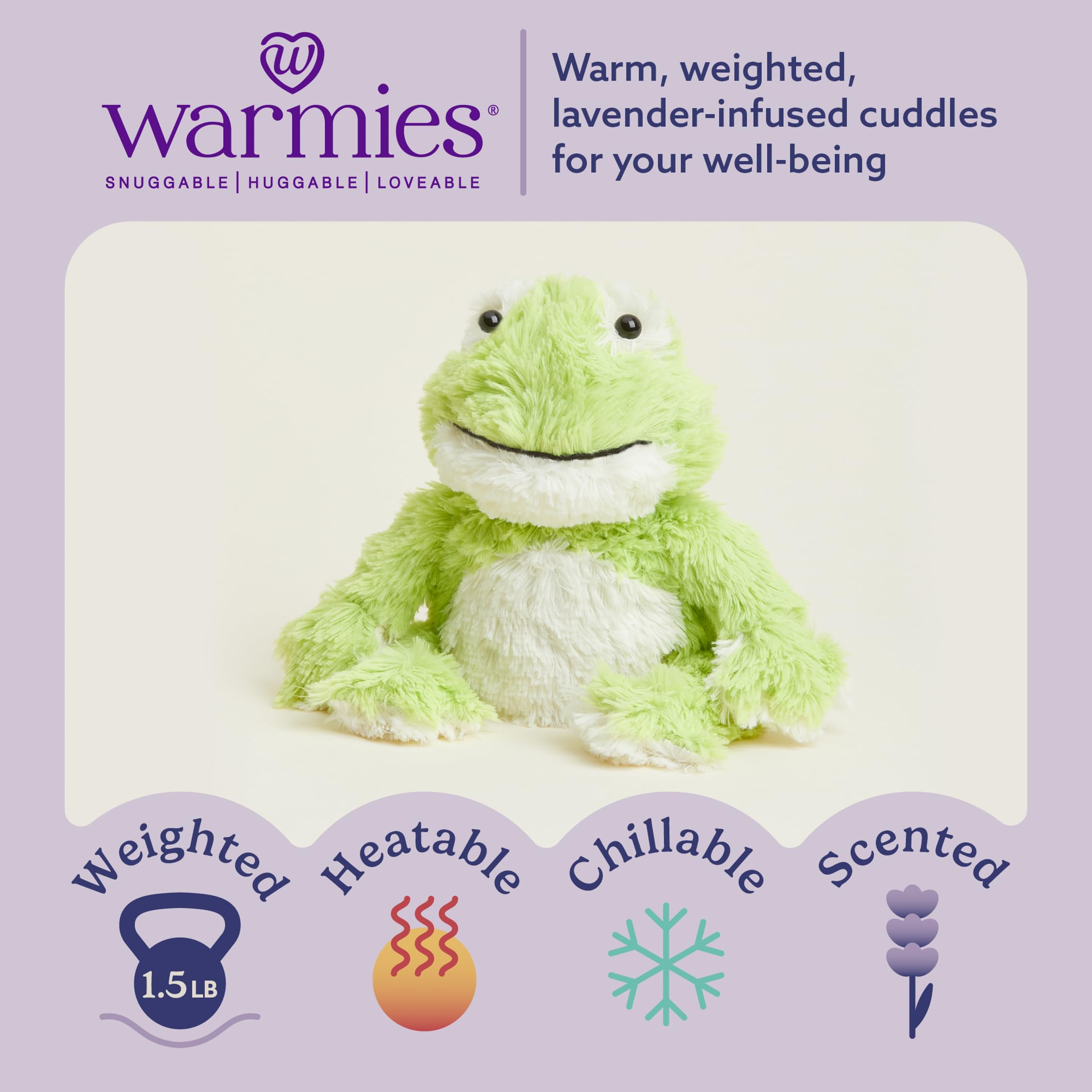 Warmies Frog weighted plush offers comforting hugs.