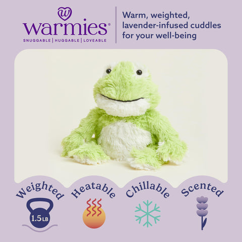 Warmies Frog weighted plush offers comforting hugs.