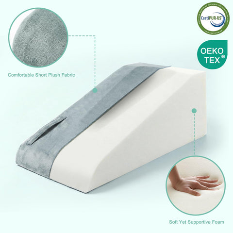 WarmInsula knee pillow for post-surgery supports leg elevation during reading.