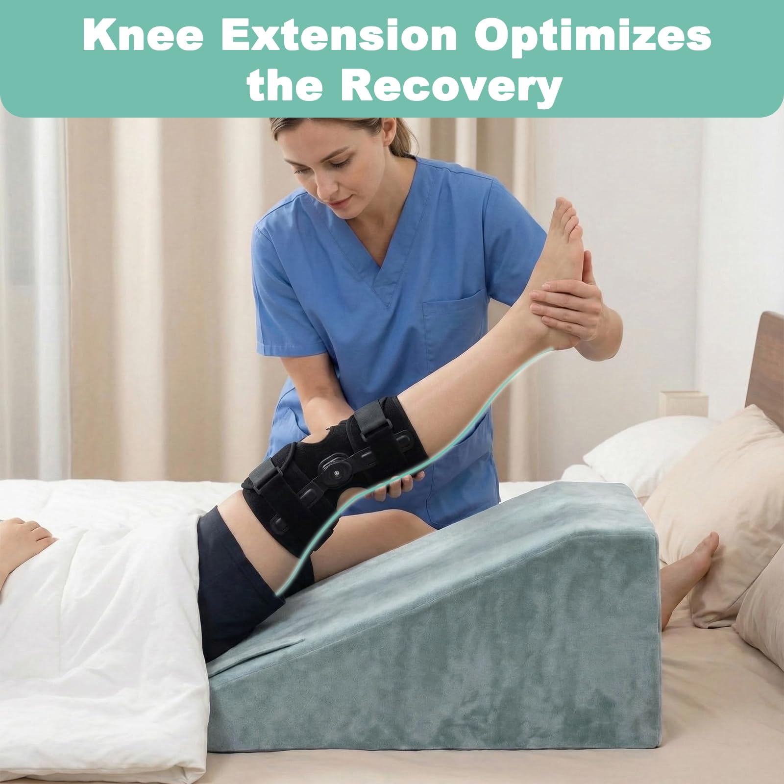 WarmInsula leg elevation pillow with non-slip bottom stays steady on the bed.