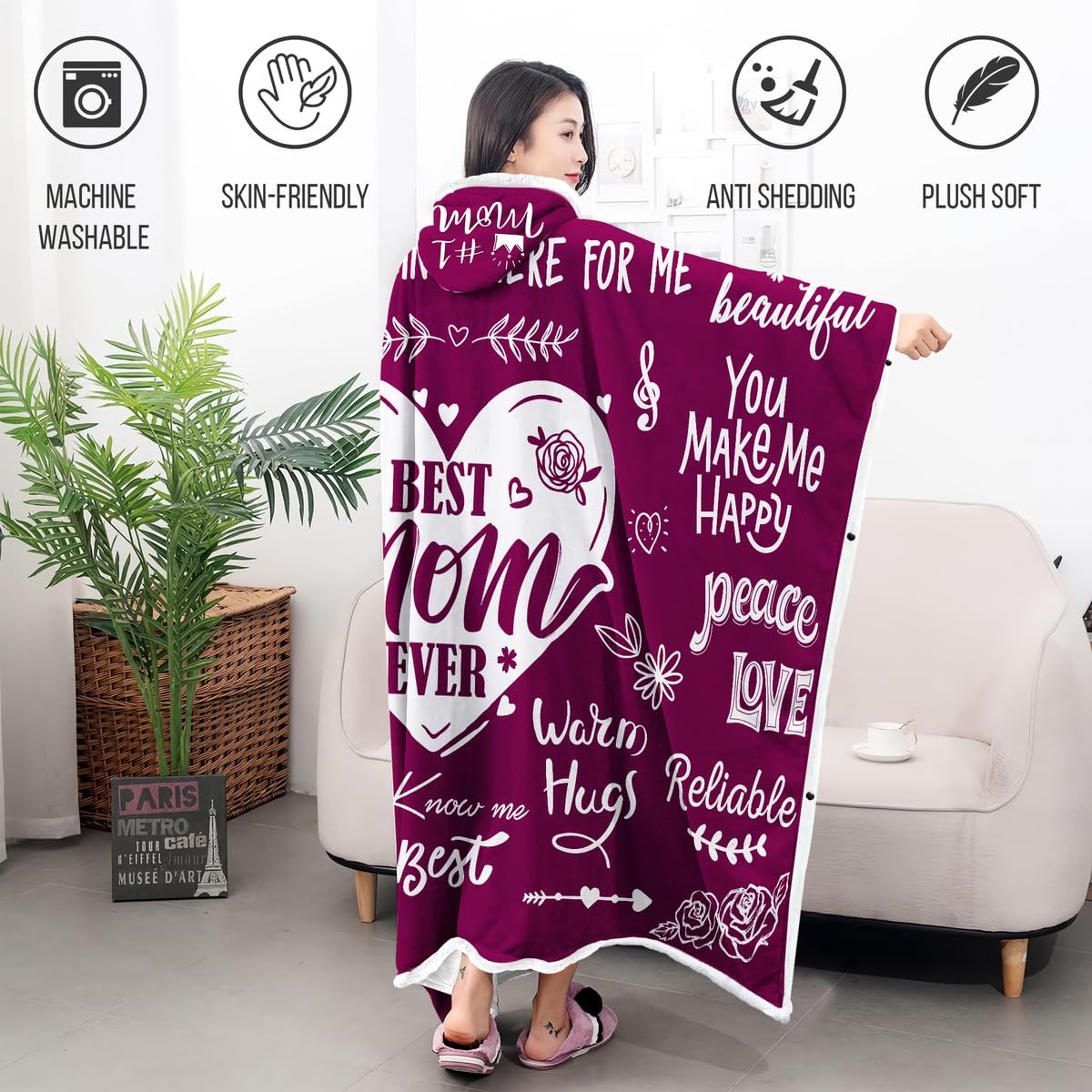 Warmstorey hoodie blanket on the couch creates a comforting, hands-free snuggle.