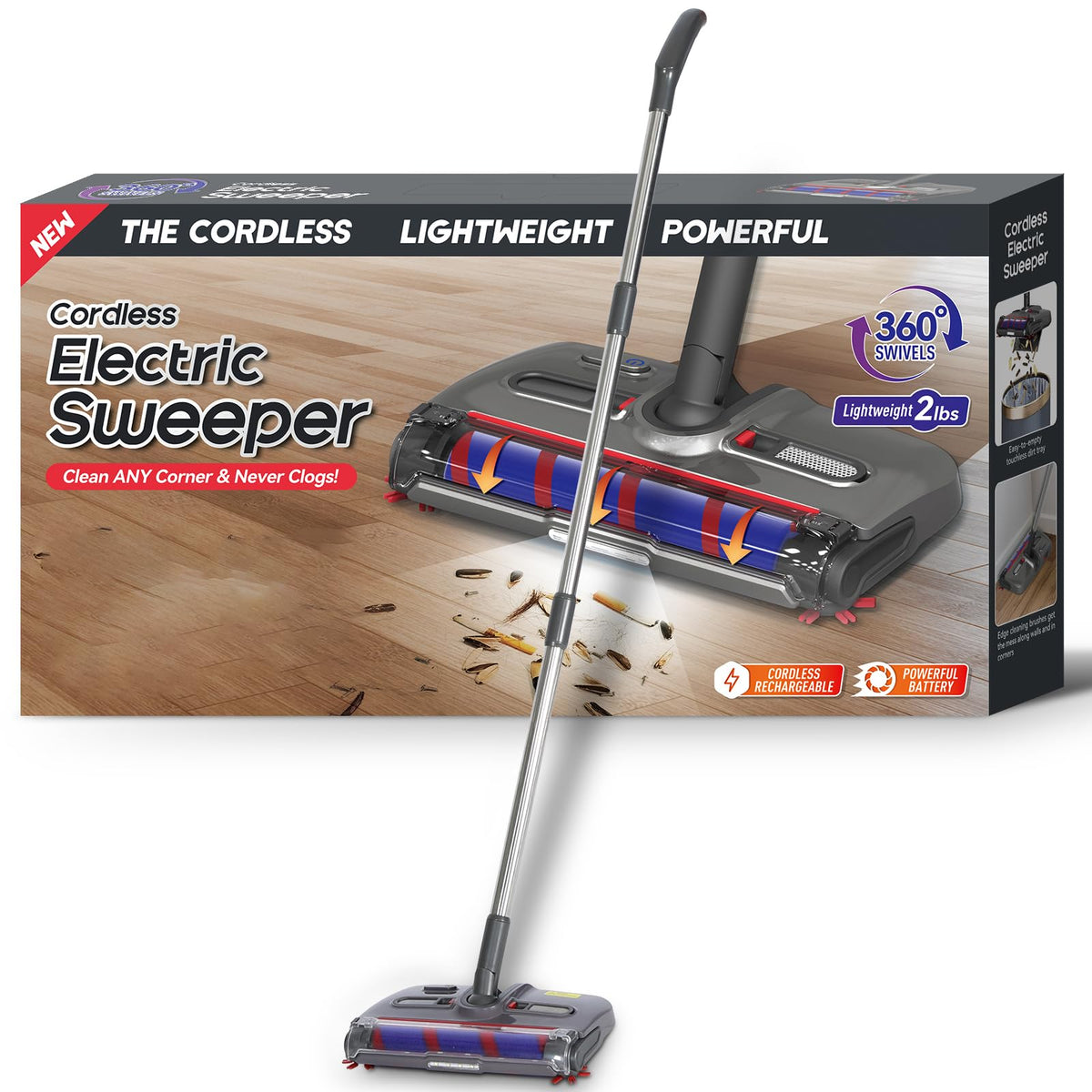 WarmWink swivel cordless sweeper front view for compact storage and quick cleanups.