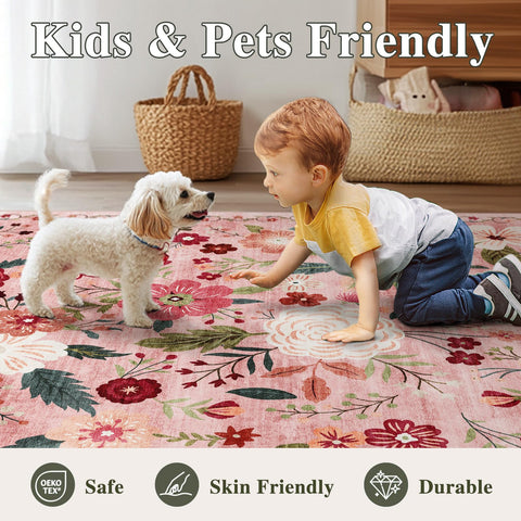 WARMYS floral rug in a bedroom creates a soft texture.