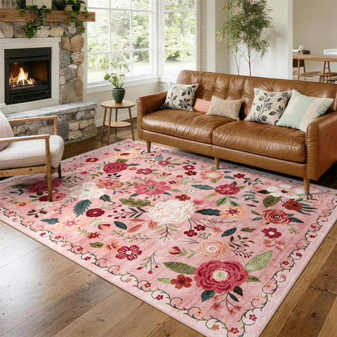 WARMYS 5x7 floral rug with soft faux wool pile for cozy living spaces.