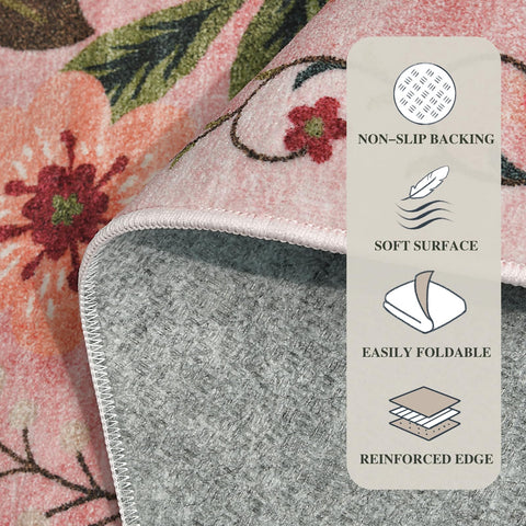 WARMYS floral rug shows tight edge stitching for durability.