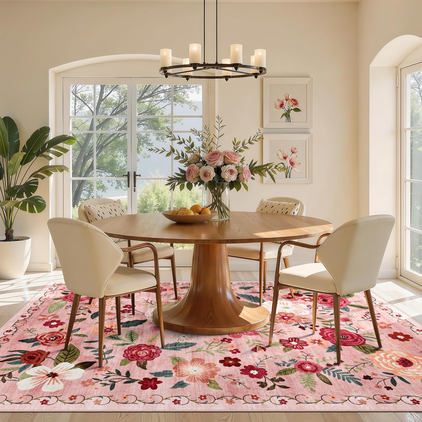 WARMYS 5x7 floral rug is machine washable for easy cleaning.