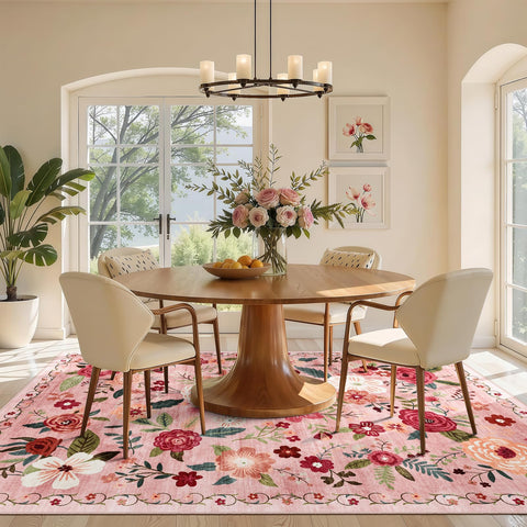 WARMYS 5x7 floral rug is machine washable for easy cleaning.