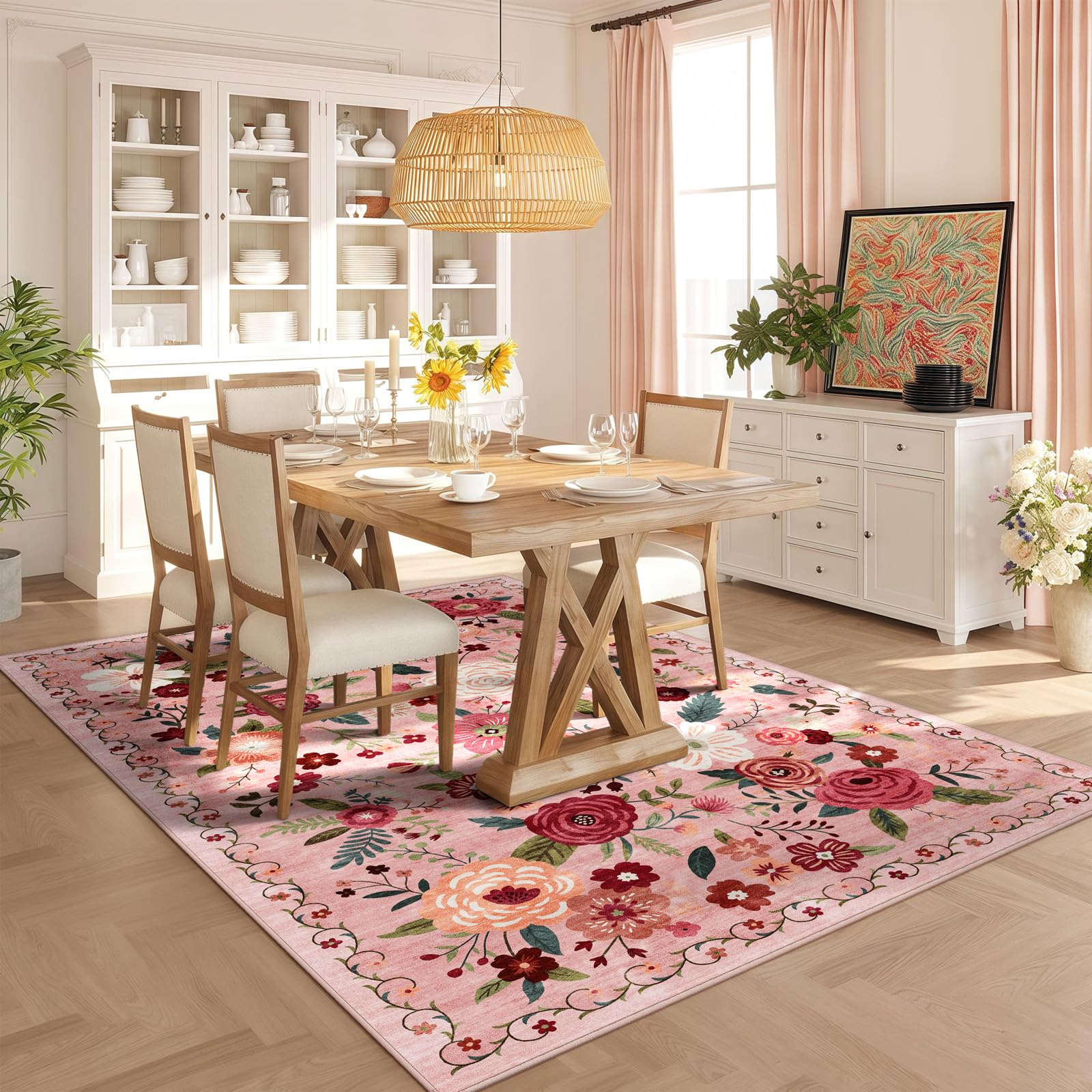 WARMYS floral rug in dining room with easy-care fabric