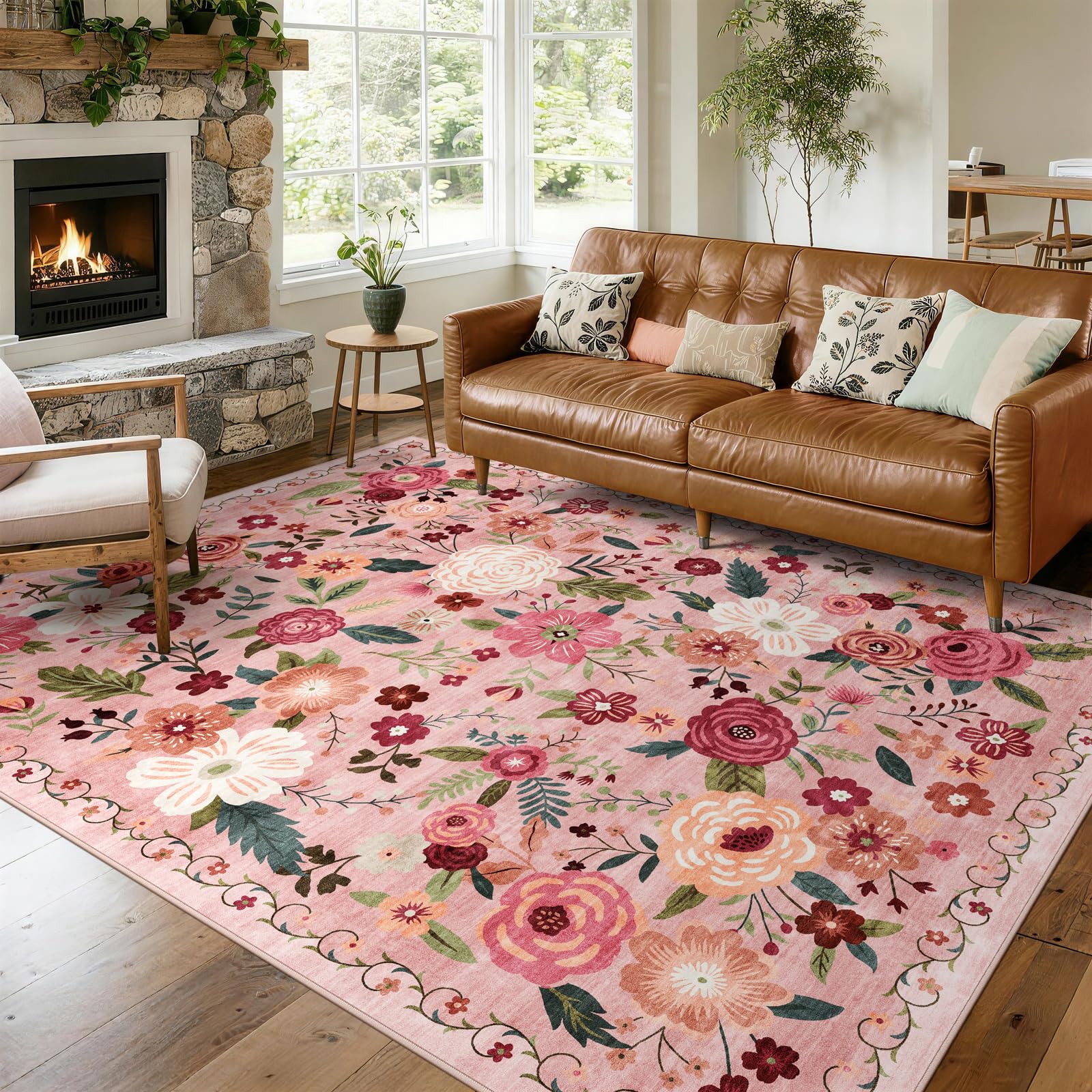 WARMYS floral area rug in living room with soft pile and non-slip backing