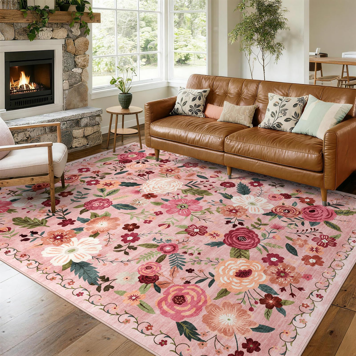 WARMYS floral area rug in living room with soft pile and non-slip backing