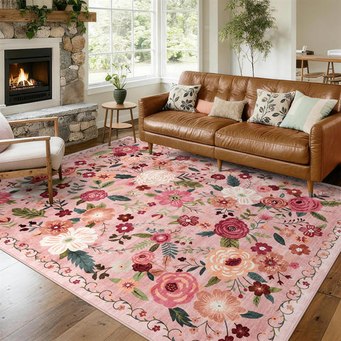 WARMYS floral area rug in living room with soft pile and non-slip backing