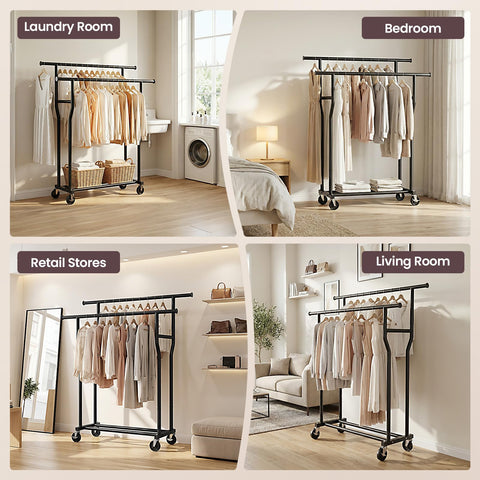 WATIOWL clothes rack in a bedroom setting illustrating organized wardrobe space.