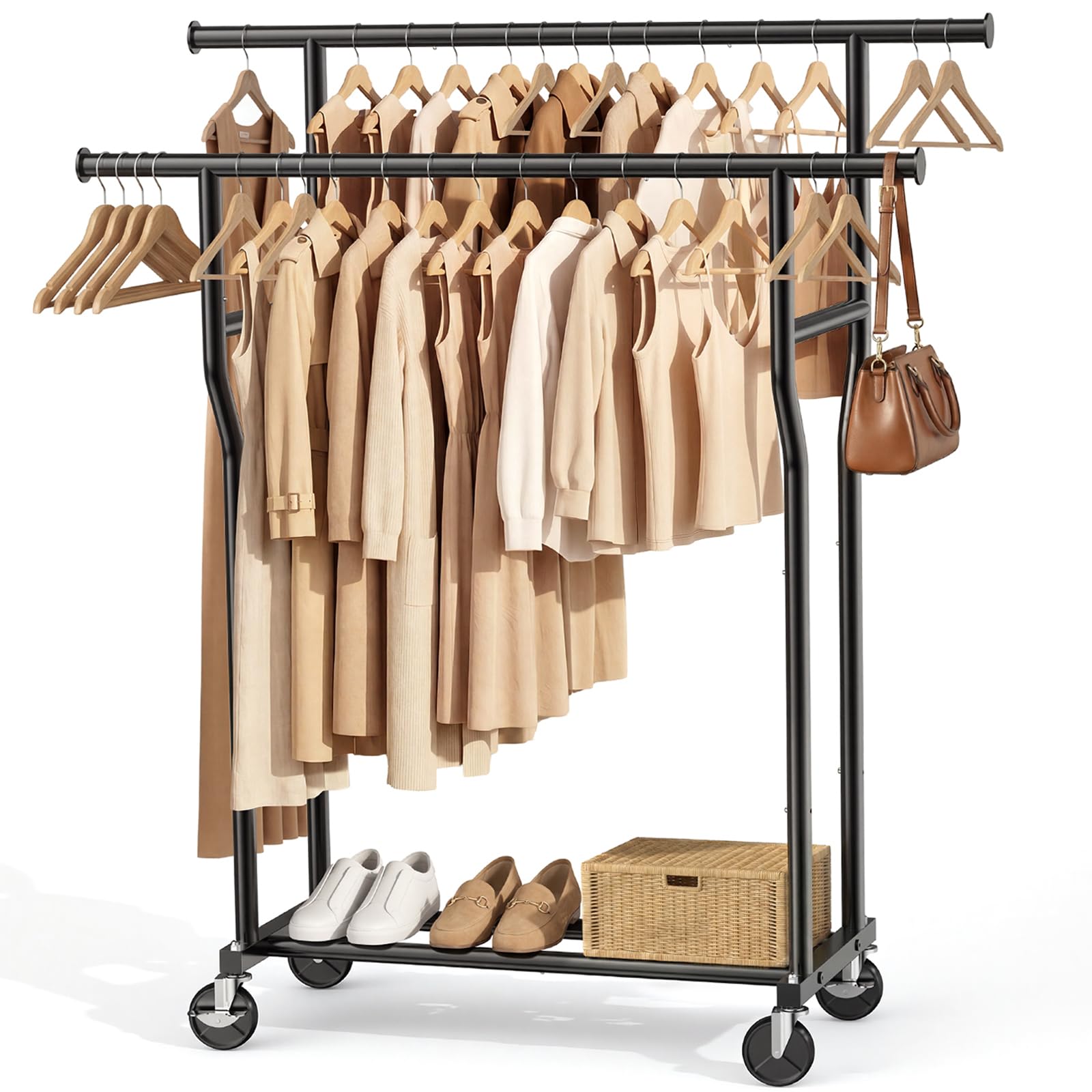 WATIOWL clothes rack double rod front view with spacious hang space for shirts.
