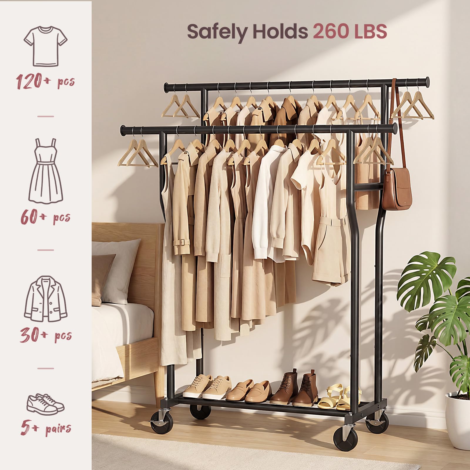 WATIOWL clothes rack double rod side view showing easy garment access.